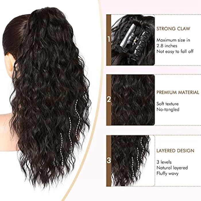 REECHO 18 Inch Claw Multi Layered Clip on Ponytail Extension for Women - Long Curly Wavy Hair Extensions, Natural Fluffy Synthetic Clip in Hairpiece for Daily Use - Black Brown - Image 3